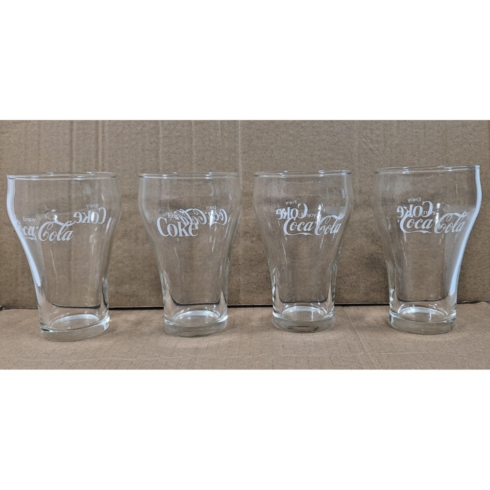 Vintage 70s Coca-Cola Glasses Enjoy Coke Set of 4 6.5 oz Soda Memorabilia Clear